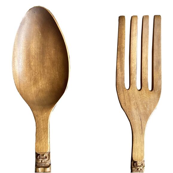 Vintage Large 41" Fork Spoon Set Wood Carved Tiki/Totem Handle 1970s Wall Decor - Picture 2 of 9